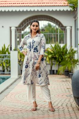 Floral Printed Shirt Collar A-Line Kurta With Pyjama 1