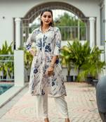 Floral Printed Shirt Collar A-Line Kurta With Pyjama