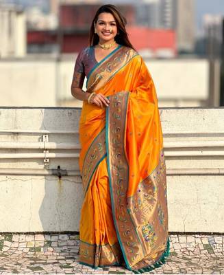 Orange art-silk paithani saree for women 1
