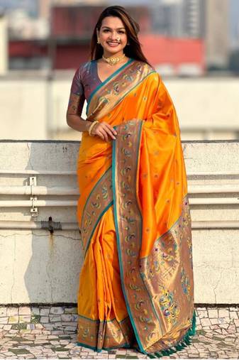 Orange art-silk paithani saree for women