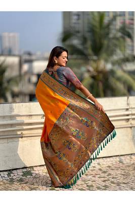 Orange art-silk paithani saree for women 3