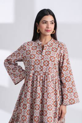 geometric hand print full length front button cotton shirt dress 2