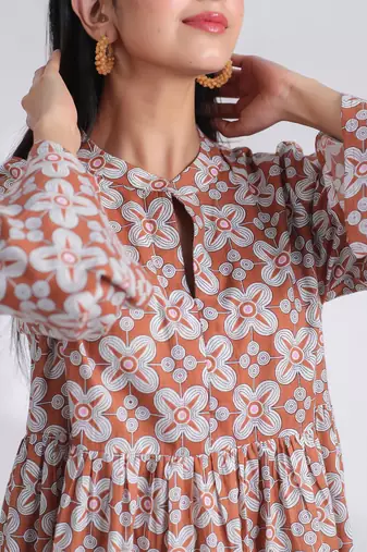 geometric hand print full length front button cotton shirt dress