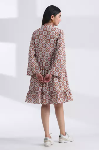 geometric hand print full length front button cotton shirt dress
