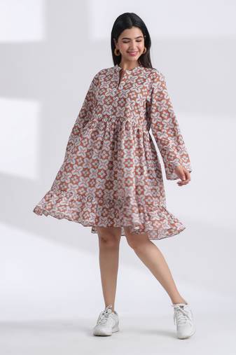 geometric hand print full length front button cotton shirt dress