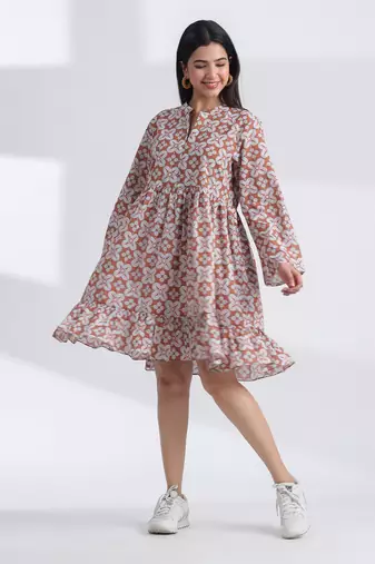 geometric hand print full length front button cotton shirt dress