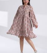 geometric hand print full length front button cotton shirt dress