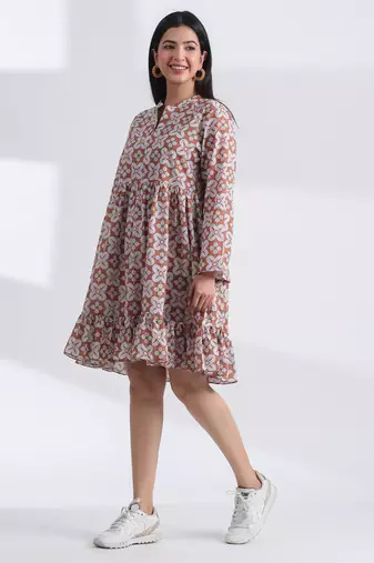 geometric hand print full length front button cotton shirt dress