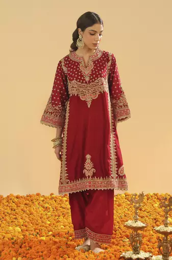 Shahzain deep red short chauga with khada dupatta
