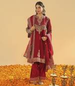Shahzain deep red short chauga with khada dupatta