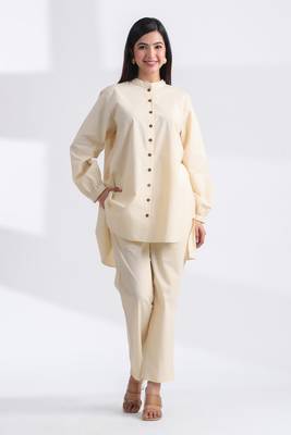 Ivory full sleeves mandarin collar cotton ethnic co-ord set with pant 1