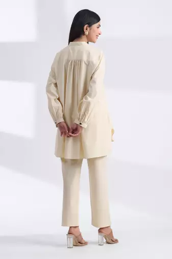 Ivory full sleeves mandarin collar cotton ethnic co-ord set with pant