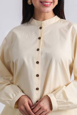 Ivory full sleeves mandarin collar cotton ethnic co-ord set with pant 3