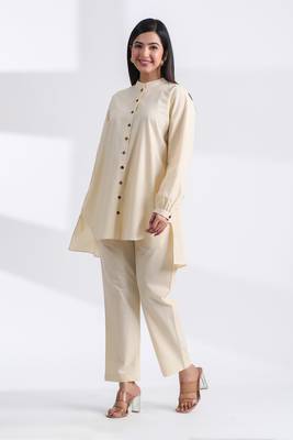 Ivory full sleeves mandarin collar cotton ethnic co-ord set with pant 5
