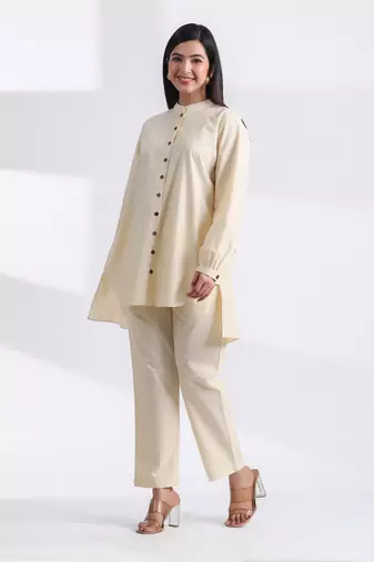 Ivory full sleeves mandarin collar cotton ethnic co-ord set with pant