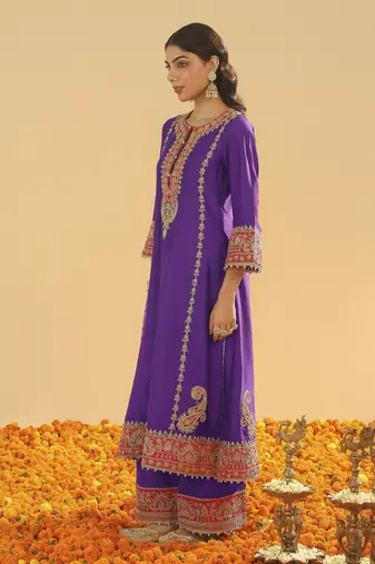 Maisha purple long a-line kurta with palazzo and dupatta