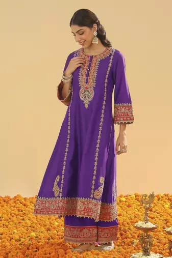 Maisha purple long a-line kurta with palazzo and dupatta