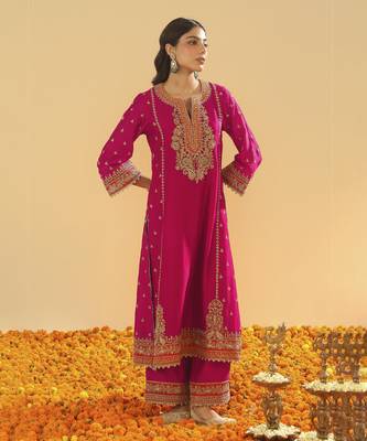 Aamish hotpink long a-line kurta with palazzo and dupatta 2