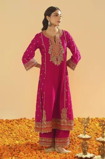 Aamish hotpink long a-line kurta with palazzo and dupatta