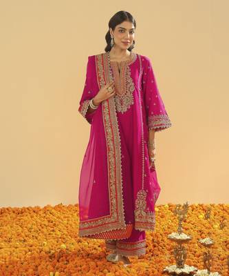 Aamish hotpink long a-line kurta with palazzo and dupatta 1