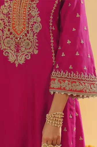 Aamish hotpink long a-line kurta with palazzo and dupatta