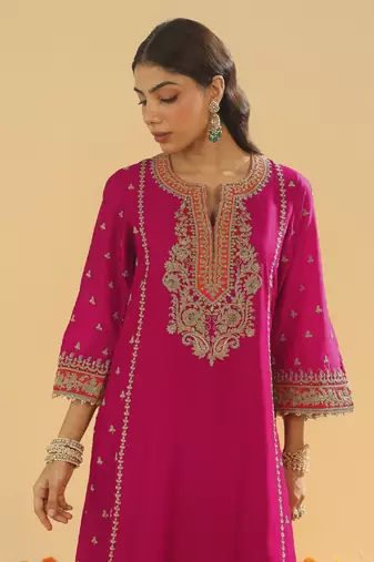 Aamish hotpink long a-line kurta with palazzo and dupatta