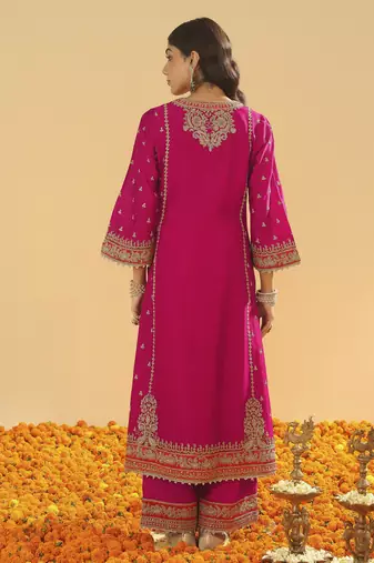 Aamish hotpink long a-line kurta with palazzo and dupatta