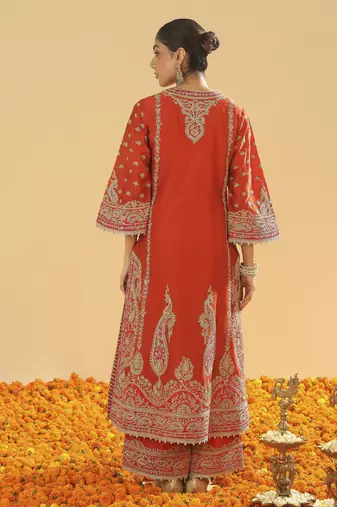 Misam burnt orange a-line kurta with palazzo and dupatta