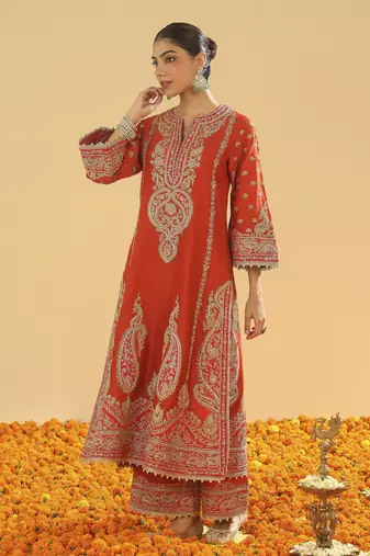 Misam burnt orange a-line kurta with palazzo and dupatta