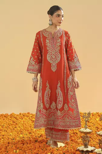 Misam burnt orange a-line kurta with palazzo and dupatta