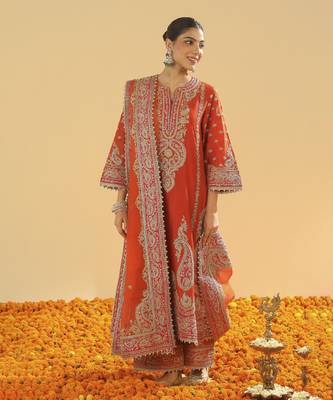 Misam burnt orange a-line kurta with palazzo and dupatta 1