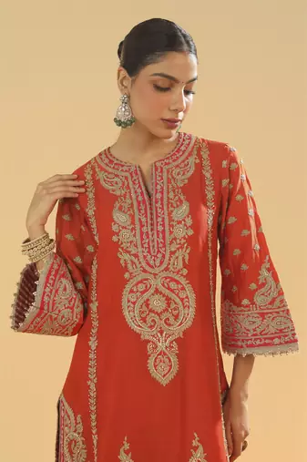 Misam burnt orange a-line kurta with palazzo and dupatta