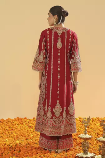 Rua deep red a-line kurta with palazzo and dupatta