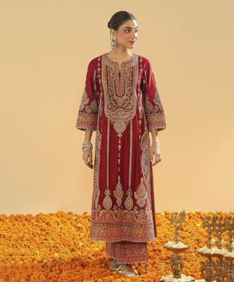 Rua deep red a-line kurta with palazzo and dupatta 1