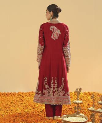 Minara deep red long a-line jacket with pant and dupatta 2