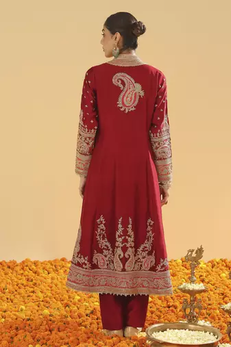 Minara deep red long a-line jacket with pant and dupatta