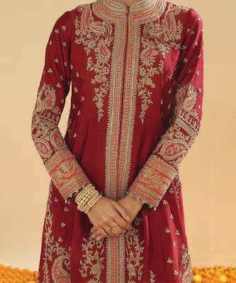 Minara deep red long a-line jacket with pant and dupatta 3