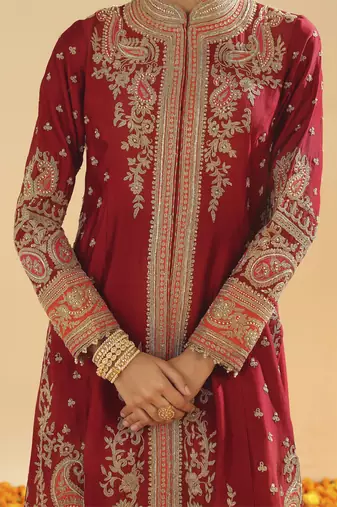 Minara deep red long a-line jacket with pant and dupatta