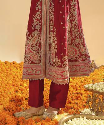 Minara deep red long a-line jacket with pant and dupatta 4