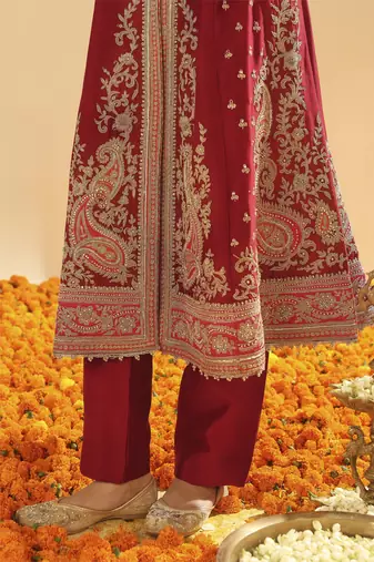 Minara deep red long a-line jacket with pant and dupatta