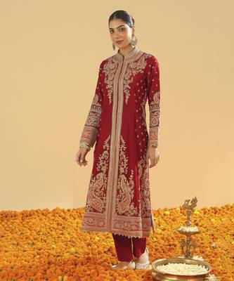 Minara deep red long a-line jacket with pant and dupatta 1