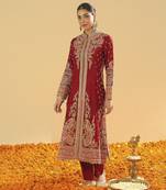 Minara deep red long a-line jacket with pant and dupatta