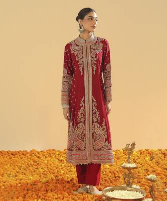 Minara deep red long a-line jacket with pant and dupatta 5
