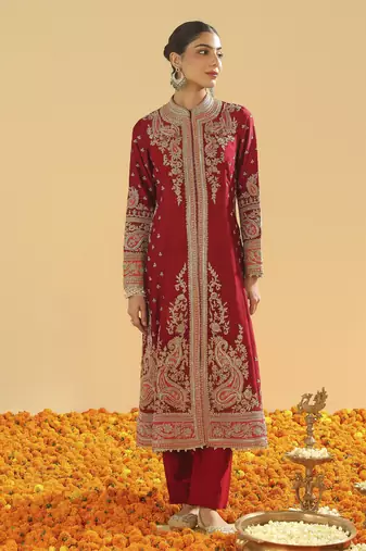 Minara deep red long a-line jacket with pant and dupatta
