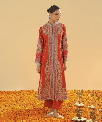 Amayah burnt orange long a-line jacket with pant and dupatta 2
