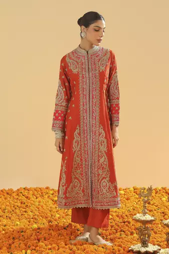Amayah burnt orange long a-line jacket with pant and dupatta