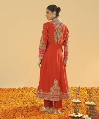 Amayah burnt orange long a-line jacket with pant and dupatta 3