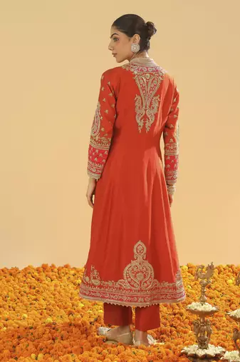 Amayah burnt orange long a-line jacket with pant and dupatta