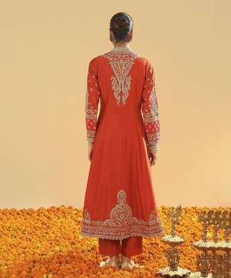 Amayah burnt orange long a-line jacket with pant and dupatta 4