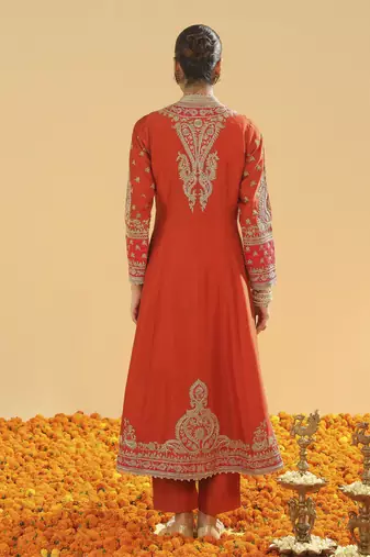 Amayah burnt orange long a-line jacket with pant and dupatta